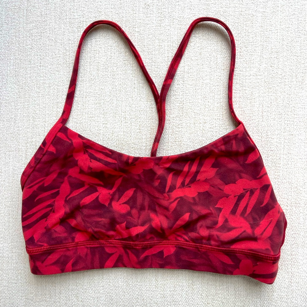 Lululemon Flow Y Bra, size 4, Color is Spray Leaf Fireside Red Multi